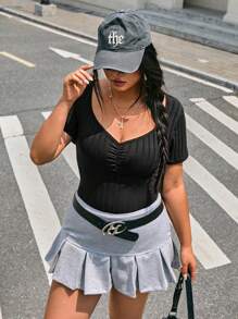 CovetEZ Plus Size Women's Casual Sweetheart Neck Short Sleeve Black Bodysuit, Summer - Black - View 5