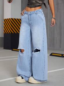 SHEIN ICON Jeans casual lavati a vita bassa strappati con gamba larga da donna