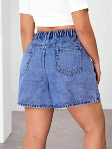 SHEIN EZwear 大码夏季休闲斜口袋宽松直筒牛仔短裤 - 藍色 - 查看 2