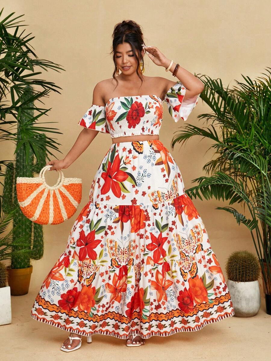 Flirla 2pcs/Set Plus Size Vacation Print Off Shoulder Short Sleeve Flare Dress - Multicolor - View 1