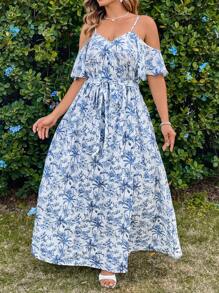 SHEIN VCAY 大码露肩连衣裙，全身印花，适合度假和休闲穿着