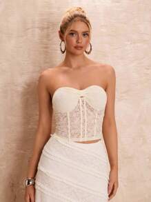 Glamine Spring & Summer Romantic Vacation Solid Color See-Through Lace Tube Top Gathered Breast Cup Women's Top,Back To School Clothes Women Tops,Spring Dress&Summer Dress Corset Top,White Women Dresses Festival Outfits&Music Festival,Rave Festival Outfits,Wedding Guest Summer,Shien Frenchy