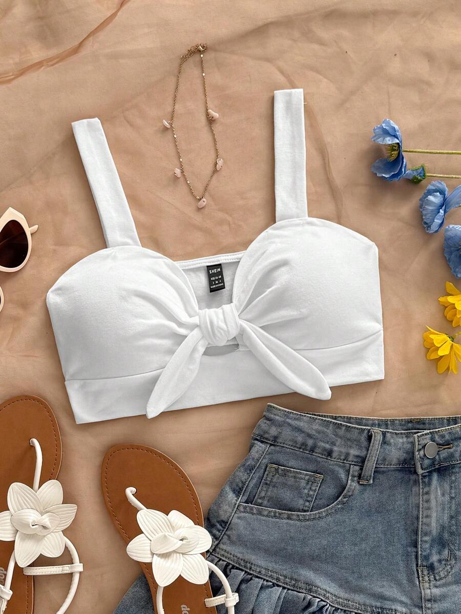 Soleia WYWH 女士度假结饰纯色短款吊带背心白色上衣 - 白色 - 查看 1