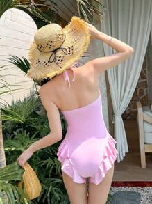 DAZY 1pc Solid Pink Underwire Crossover Halter One Piece Swimsuit For Women, Vacation & Date Occasions,Ruffle - Pink - View 2