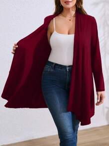 Jaket Kardigan Kasual Longgar dengan Hem Asimetris untuk Wanita Ukuran Plus, Pakaian Musim Gugur dan Musim Dingin untuk Wanita. - Burgundy - View 4