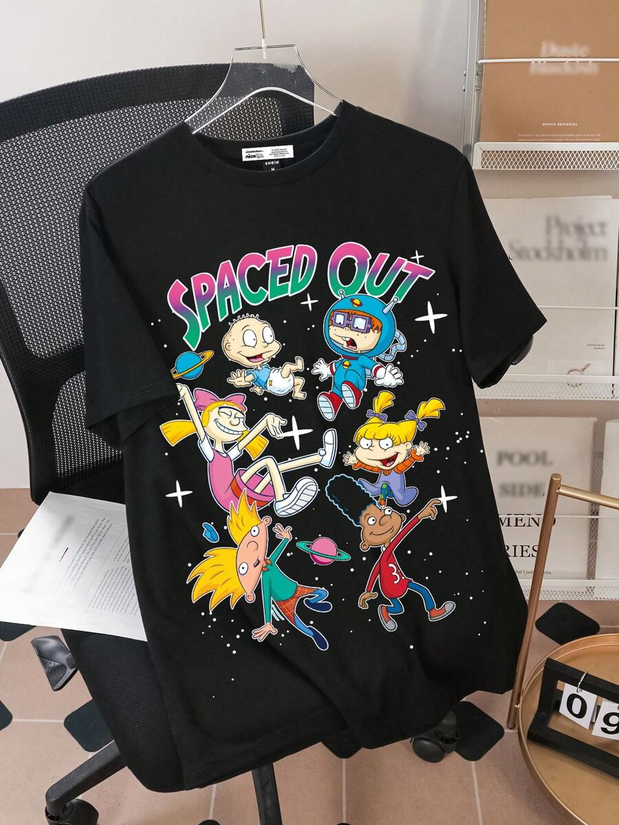 Nick 90s | SHEIN 男士黑色圆领短袖休闲街头卡通图案 T 恤 - 黑色 - 查看 1