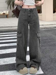 DAZY Women's Low Waist Gray Cargo Pants With Large Pockets, Straight Leg Jeans