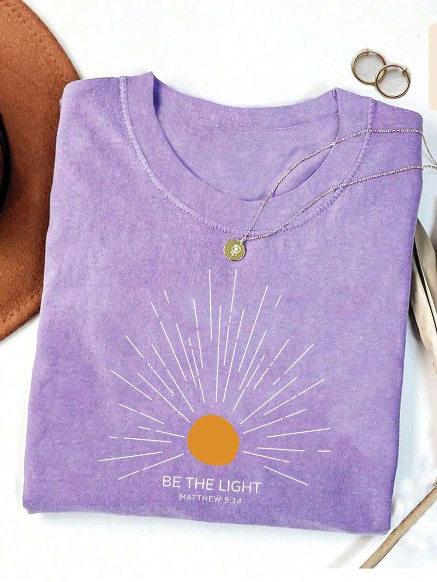 Women Summer Casual Sun & Letter Print Short Sleeve T-Shirt