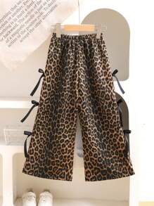 SHEIN Young Girl Chiffon Leopard Print Loose Casual Pants - Brown - View 7