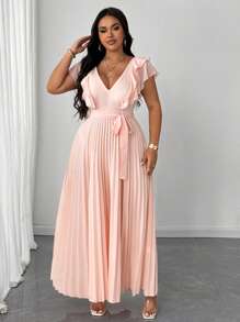 SHEIN Unity Damen Große Größen romantisches & elegantes Hochzeitsgast Kleid, V-Ausschnitt Taillenbindung Chiffon Volant plissiertes Midi Kleid - Pink - Übersicht 2