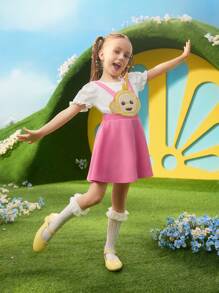 Teletubbies X SHEIN Young Girl Cartoon Puff Sleeve Top And Cute Sweet Versatile Pink Suspender Skirt Set