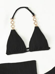 Sparklyn 3pcs Teen Swimsuit Set With Golden Decoration, Fashion Vacation Casual Swimsuit Set, Mommy And Me Matching Outfits (Sold Separately) Summer Holiday - Black - View 3