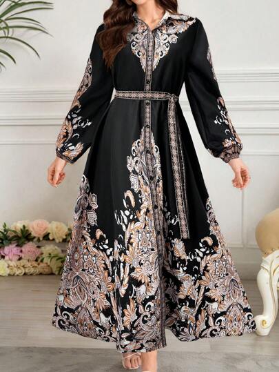 Mulvari 女士花卉印花灯笼袖单排扣衬衫裙，度假风格