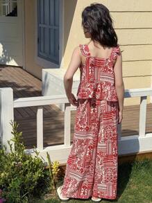 Dazy Kids 2pcs/Set Tween Girl Ditsy Floral Sleeveless Top And Long Pants Set, Summer,Back To School Clothes Vacation Easter - Red - View 4