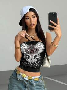 SHEIN HypeZone 街头服饰 女式 水钻装饰 摇滚暗黑风格 短款吊带背心 - 黑色 - 查看 3