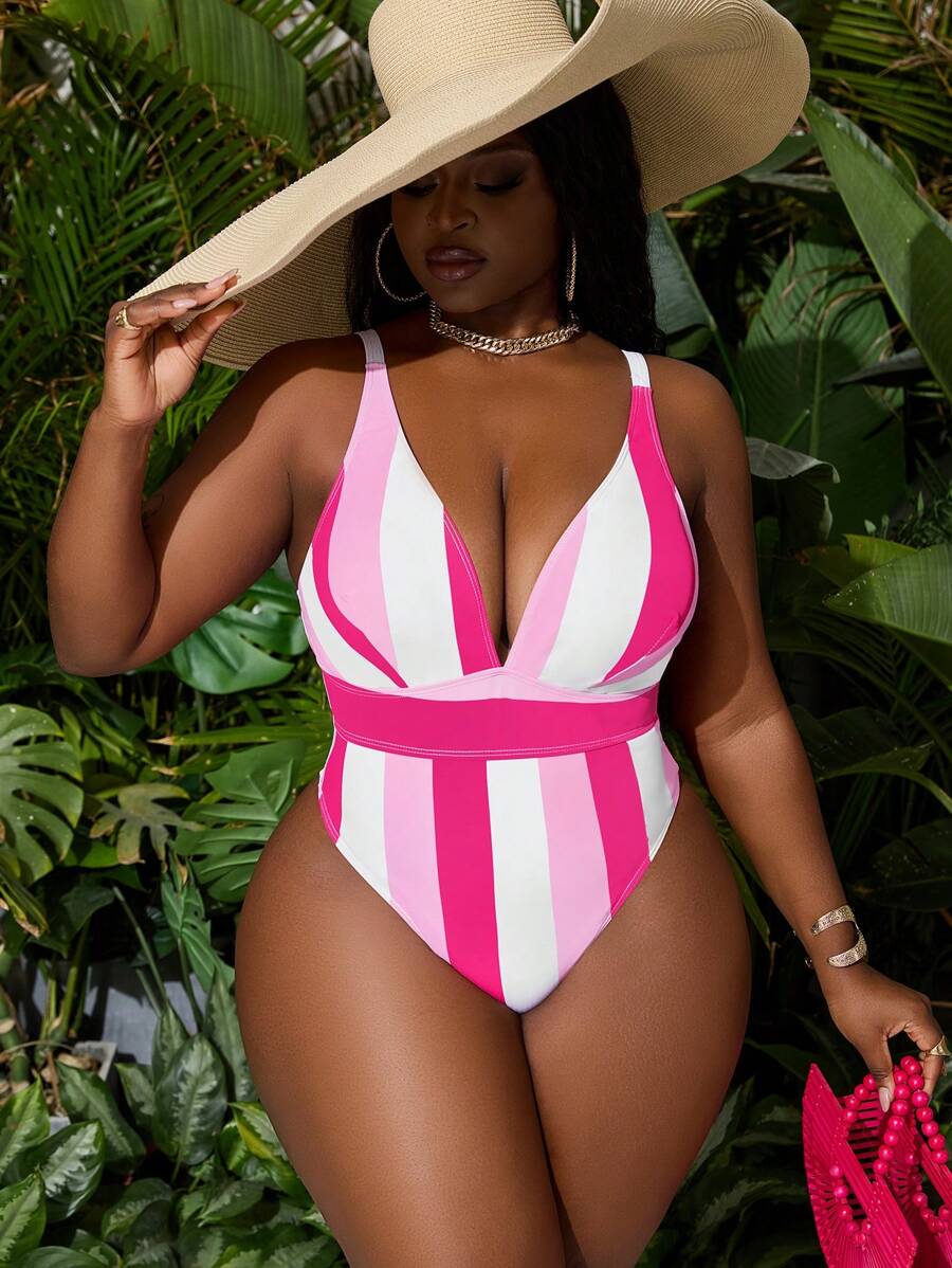 Slaydiva Plus Size Contrast Stripe One-Piece Swimsuit, Vacation & Beach - Multicolor - View 1