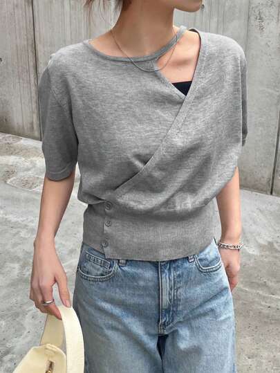 FRIFUL 女士纯色短袖镂空针织上衣，度假休闲装，夏季