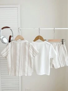 SHEIN 3pcs/Set Young Boy Casual Resort Beige Polo Collar Short Sleeve Cardigan, Elastic Waist Shorts And Plain White Comfortable Knit Short Sleeve T-Shirt, Textured Jacquard Fabric Suitable For Home, School, Travel And Vacation - Khaki - View 3