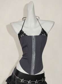 SHEIN ICON Slim Fit Lace Mock Neck Women Tank Top Goth Goth - Grey - View 6