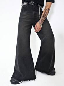 Manfinity EMRG 男士无腰带毛边喇叭裤牛仔裤，纯色长款宽松黑色水洗牛仔裤，适合送给丈夫、男朋友的礼物，适合外出聚会、通勤、派对、舞会、摇滚风 - 黑色 - 查看 1