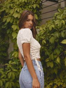 Aralina Cute Puff Sleeve Button Front Corset Summer Side Tie Top