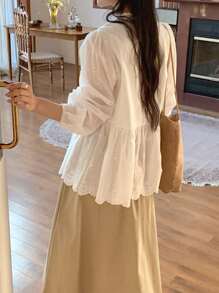 DAZY Women/Teen's Casual Solid Color Ruffle Hem Long Sleeve Blouse Fall