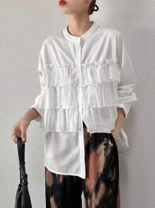 FRIFUL Women's White Ruffled Layered Blouse, Spring/Summer Clothing Long Sleeve Women Tops - White - View 7