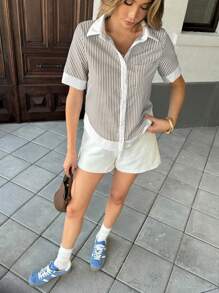 Pariaura Striped Patchwork Contrast Color Lapel Pocket Casual Short Sleeve Shirt For Women