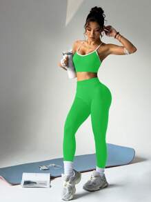 SHEIN Sport Studio 1 Set Women Sports Spaghetti Strap Top And Solid Color Pants, Stylish Outfit Suitable For Summer