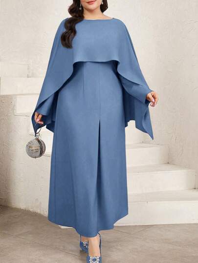 Veilorie 大码优雅纯色长款连帽斗篷连衣裙
