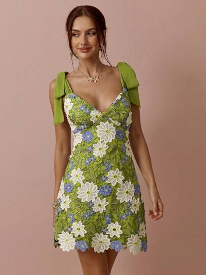 Enchnt Spring/Summer Romantic Women's Elegant Green Floral Embroidered Lace Shoulder Straps Sleeveless Mini Dress, Sweet And Elegant Sexy Dress, Suitable For Wedding Season, Holidays, Vacation, Sweet Date And Graduation Season, Women's Summer Clothing, Concert Outfit Women,Easter Outfit Women Summer Dresses For Women