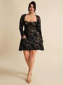 SHEIN BAE Vestido casual corto de mujer de unicolor con cuello de corazón y mangas largas