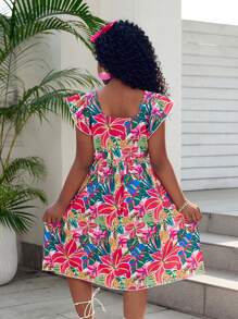 Tween Girls Tropical Print Cami Strap Ruffle Hem Dress, Summer Bestselling Floral Pattern, Sweet Holiday Style, Must-Have Princess Vacation Outfit!