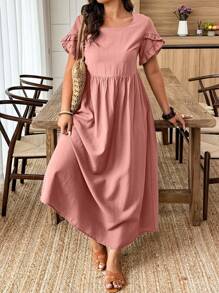 SHEIN LUNE Abito casual con balze e arricciature, a linea A, tinta unita, in taglie comode, adatto per le vacanze