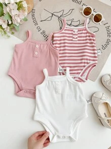 SHEIN 3pcs/Set Newborn Baby Girls Cute Striped Knitted Strap Bodysuit Set, Summer - Pink - View 6