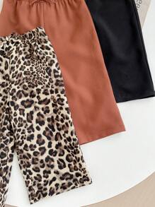 SHEIN 3pcs/Set Cute Leopard Print Black Elastic Waist Pants, Versatile Summer - Multicolor - View 6