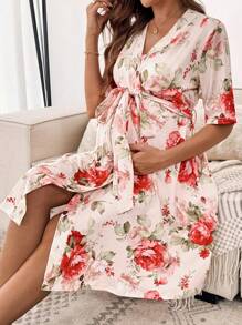 SHEIN Geblümter Allover-Muster Bademantel für Schwangerschaft, Wehen und Entbindung, Nachtwäsche, Pyjama-Kleid, Loungewear