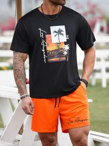 Manfinity RSRT Conjunto de 2 piezas para hombres talla grande con camiseta de manga corta con estampado de letra y pantalones cortos con cordón en la cintura, conjunto casual de verano