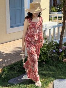 Dazy Kids 2pcs/Set Tween Girl Ditsy Floral Sleeveless Top And Long Pants Set, Summer,Back To School Clothes Vacation Easter - Red - View 1