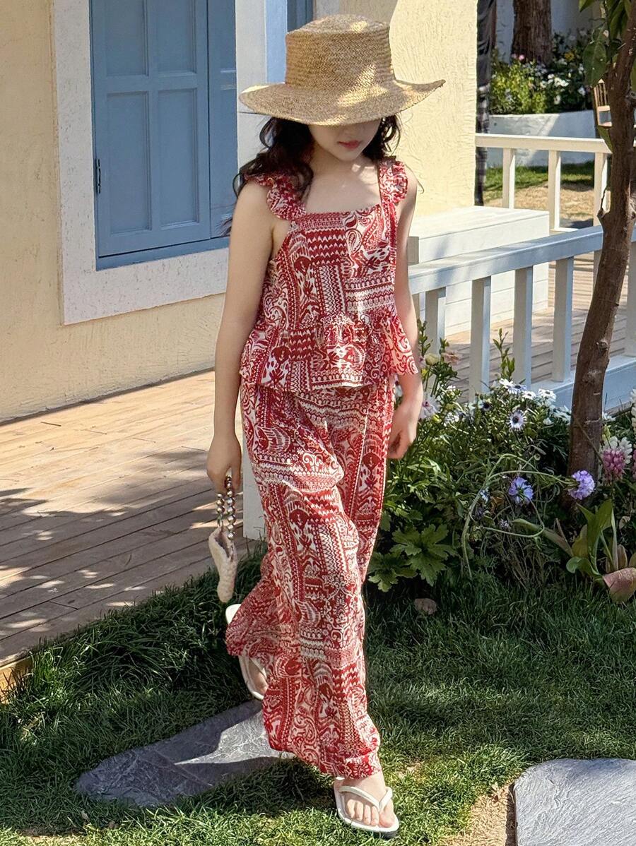 Dazy Kids 2pcs/Set Tween Girl Ditsy Floral Sleeveless Top And Long Pants Set, Summer,Back To School Clothes Vacation Easter - Red - View 1