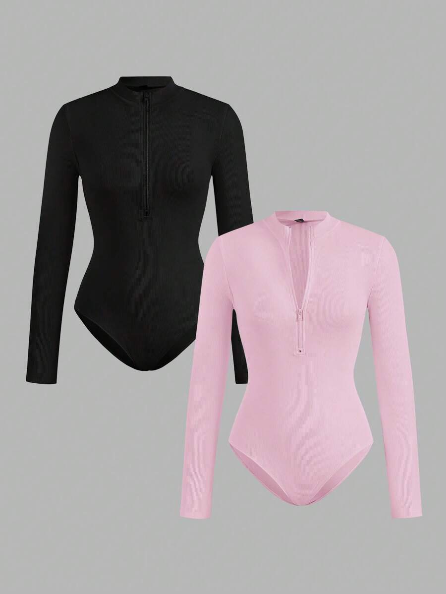 SHEIN EZwear 2pcs Women Zip-Up High Neck Tight Bodysuit Set, Casual Long Sleeve Fall Clothes - Multicolor - View 1