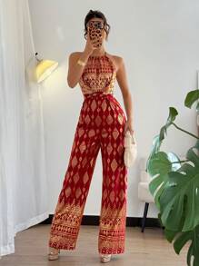 Gloray Fashionable Red Foil Print Halter Neck Jumpsuit - Red - View 5