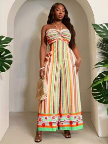 SHEIN SXY Plus Size Women's Multicolor Summer Boho Vacation Holiday Striped Print Halter Neck Ruffle Cutout Wide Leg Jumpsuit,Drawstring Waist Flirty Streetwear - Multicolor - View 5