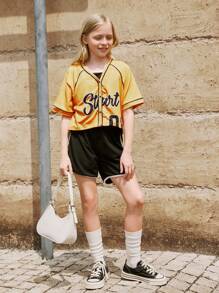 SHEIN 3pcs Girls' Casual Vest, Sporty Shorts And Vintage Graphic Tee Set, Summer - Multicolor - View 7