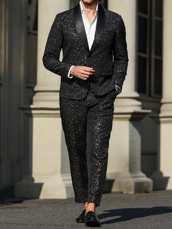 Manfinity Mode Plus Size Men Shiny Satin Lapel Collar Long Sleeve Jacket & Pants Suit Set