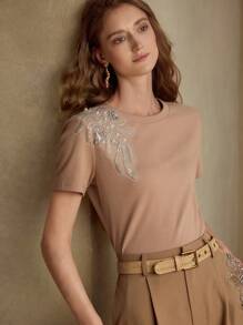 MOTF PREMIUM SEQUIN BEADED EMBROIDERY T-SHIRT - Camel - View 5