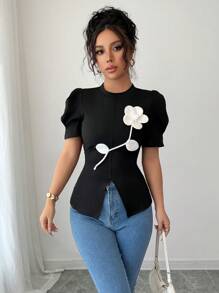 Elenzga Women's Round Neck Contrast Color Gigot Sleeve Floral Print T-Shirt - Black - View 5