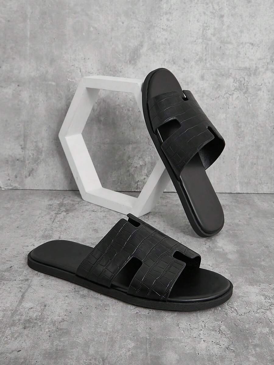 SHUZIA Men's Textured Black Slide Sandals-High-End Feeling, Anti-Slip, Comfortable, Summer Shoes Spring Shoes Spring Break Easter Mother's Day Present For Christmas Valentine's Day - Black - View 1