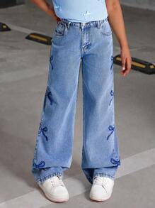 SHEIN Streecool Kids Nuevos Jeans rectos de mezclilla lavada con bordado de lazo lateral, de moda informal para niña preadolescente