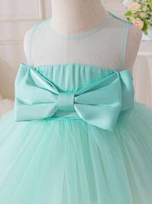 SHEIN Glamorique Kids Elegant Summer Mint Green Flower Girl Dress,Baby Girl Satin Tulle Skirt With Double Layered Bow Front,Suitable For Birthday Party Wedding Occasion - Green - View 7